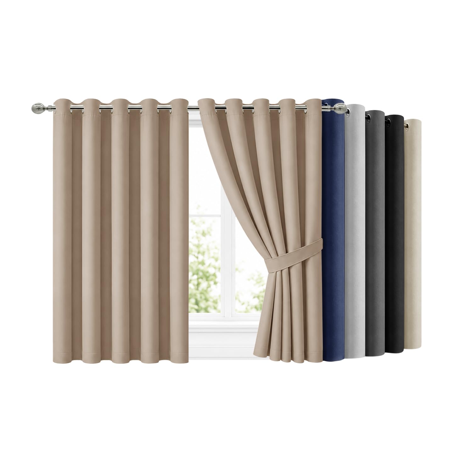 Hafaa Blackout Eyelet Curtains for Bedroom 66 X 54 Inch Beige Curtains for Living Room Noise Reducing Black out Curtain & Drapes 2 Panels with Tiebacks