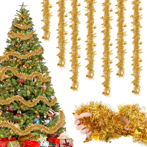 8Pcs Christmas Tinsel Garland, 16M/52.49Ft Gold Xmas Shiny Tinsel Decoration, Xmas Metallic Hanging Decoration for Party Supplies Indoor Outdoor Christmas Tree Decoration