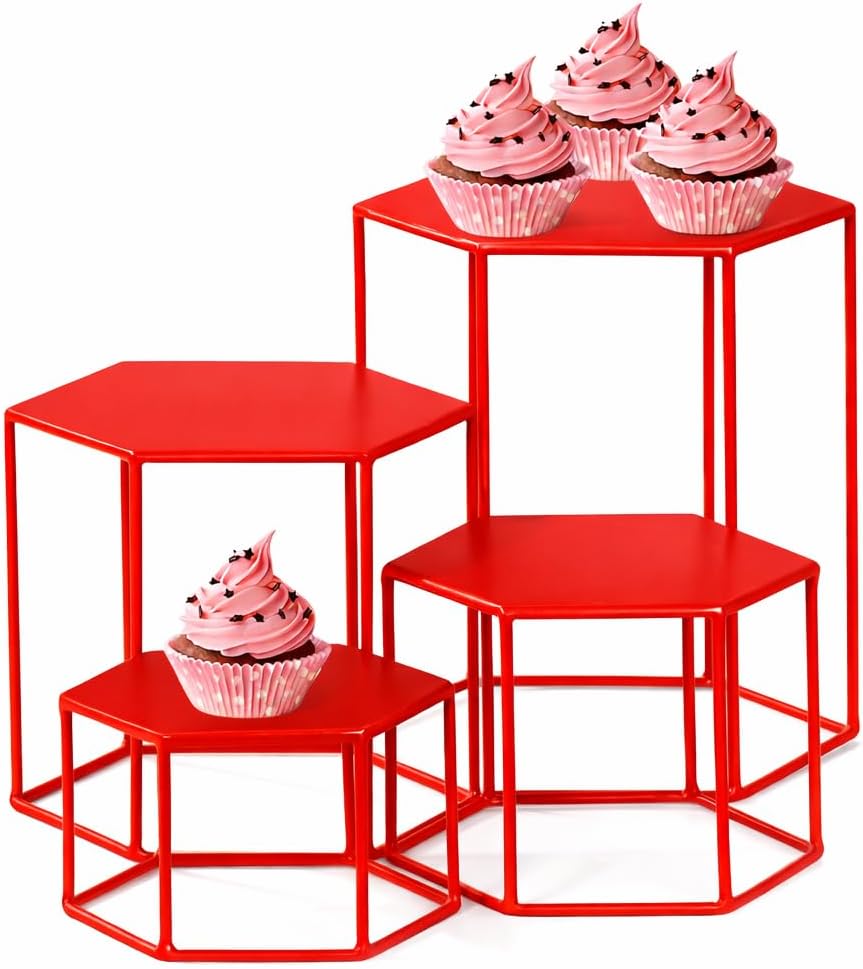 59966 Set of 4 Metal Display Risers, Upgraded Hexagonal Nesting Buffet Riser Set, Modern RED Buffet Display Stands for Food, Food Display Risers for Buffet Cupcake Small Potted Plants - Medium