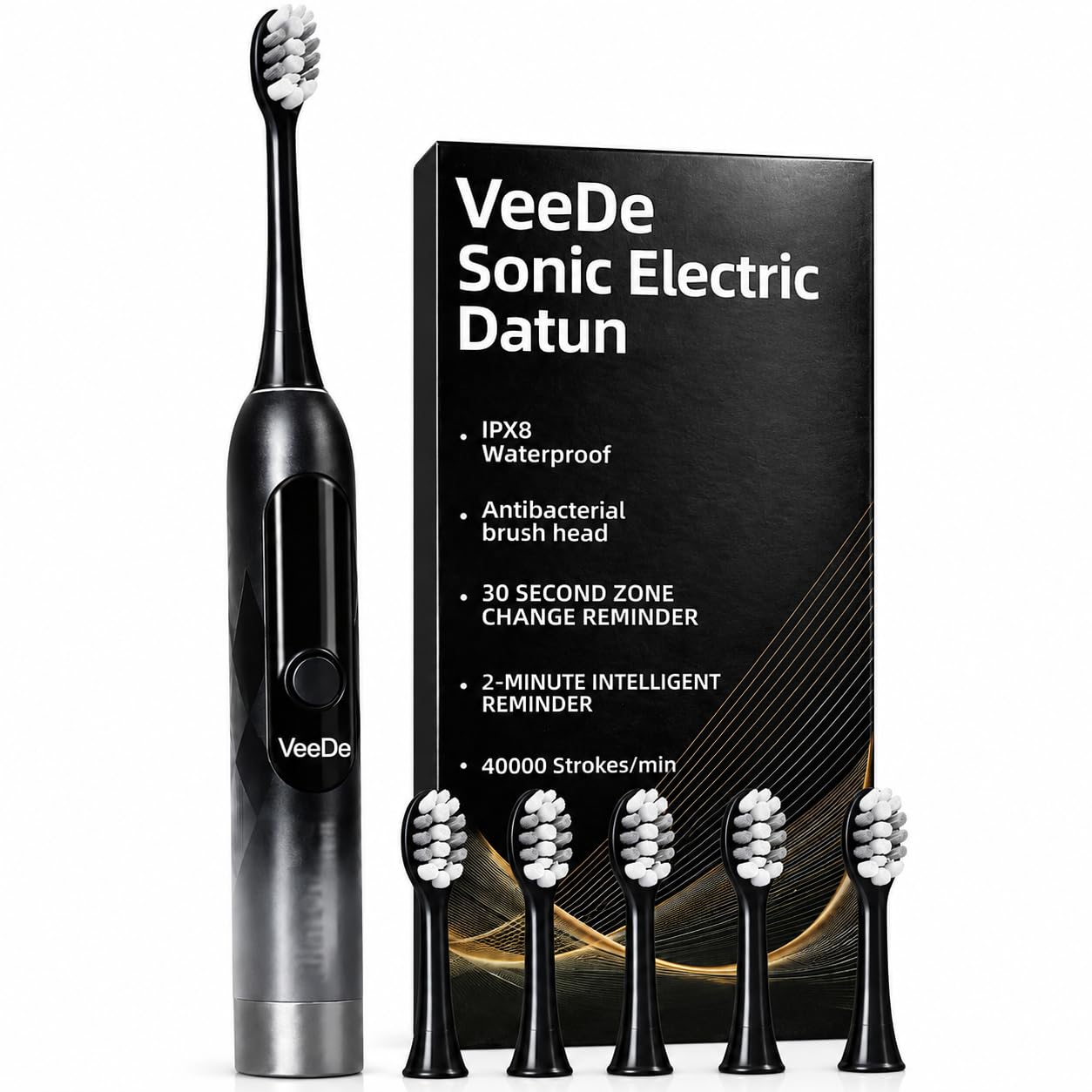 Sonic Electric Datun, Electric Toothbrush for Adults, 38000 Strokes per Minute, Soft Bristles, Black and Silver, 5Cleaning Modes, IPx8 Waterproof, 5 Brush Heads Included, 45Days Battery Life, 2Hour Charging Period, 30 Second Zone Change Mode, 2 Minute Intelligent Reminder, LED Display, 90% Plaque Removal, 10x Cleaning, Dentist Approved-image-45