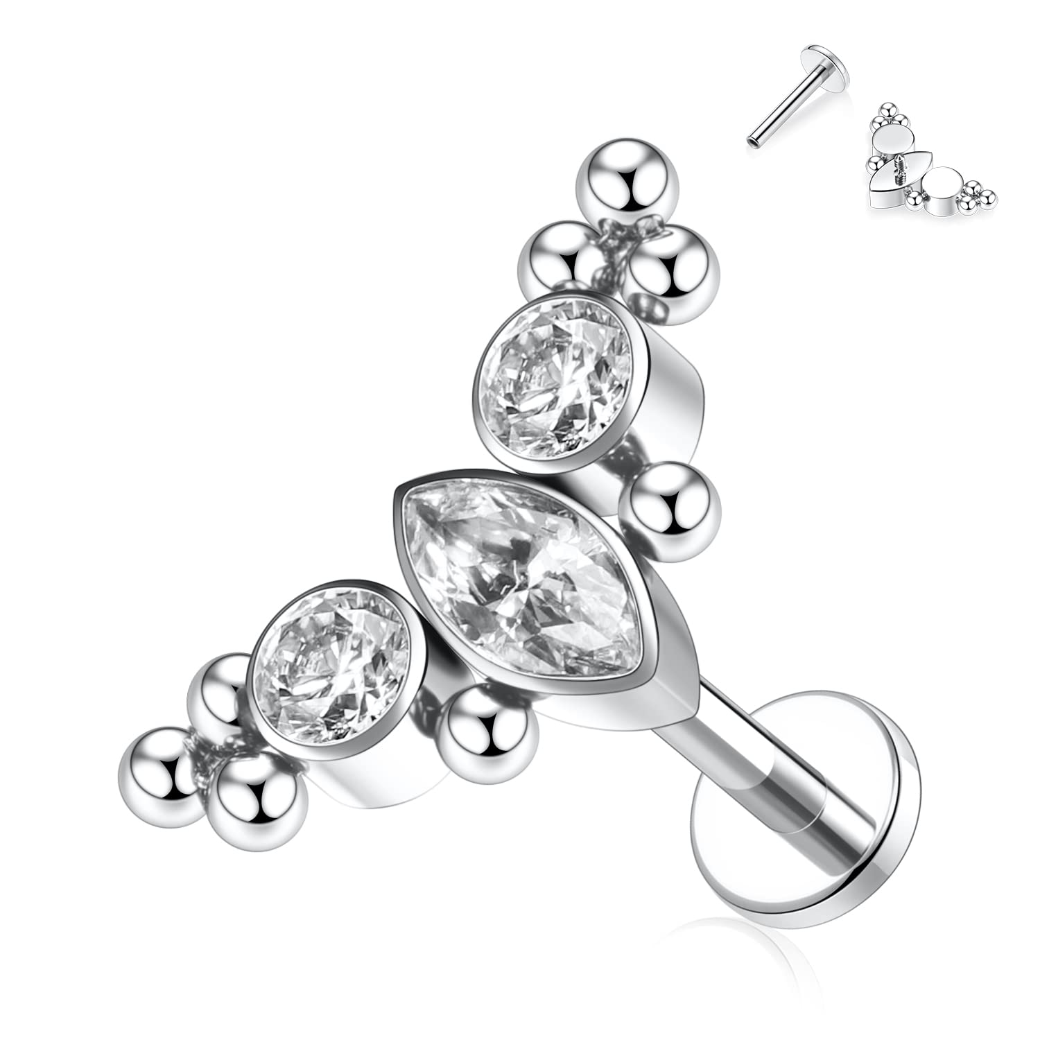 hengkaixuan 16G Titanium Labret Studs - Internally Threaded Flatback - Unisex - Silver - Piercing Jewellery