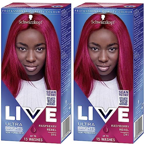 Schwarzkopf LIVE Ultra Brights Or Pastels, Vibrant Semi-permanent Pink Hair Dye, Lasts Up to 15 Washes, Raspberry Rebel 091 (Pack of 2)