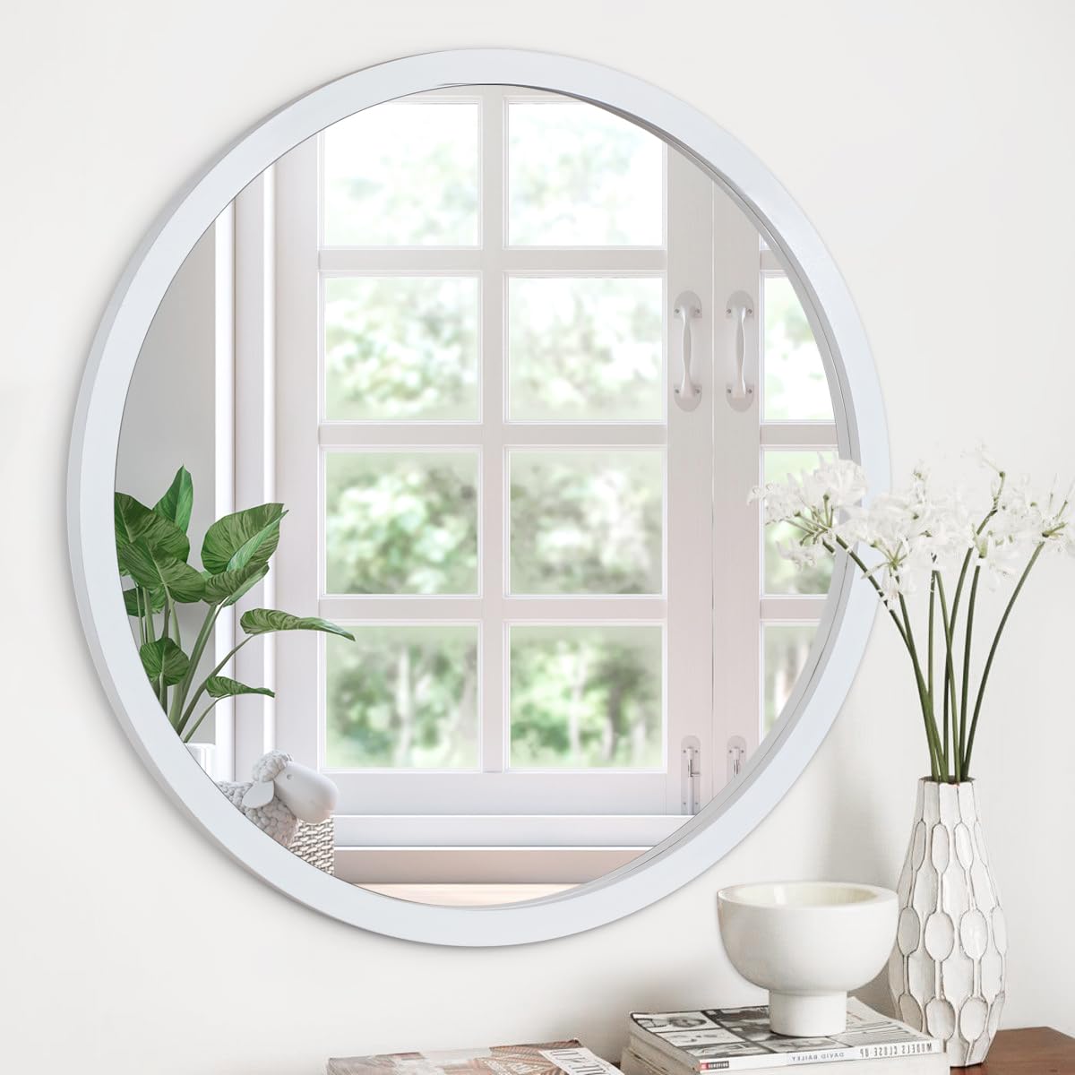 JJUUYOU Round Mirror Circle Wall Mounted Mirror Vintage Wood Frame Mirrors Decorative for Bathroom Living Room Bedroom Dormitory Dec,White