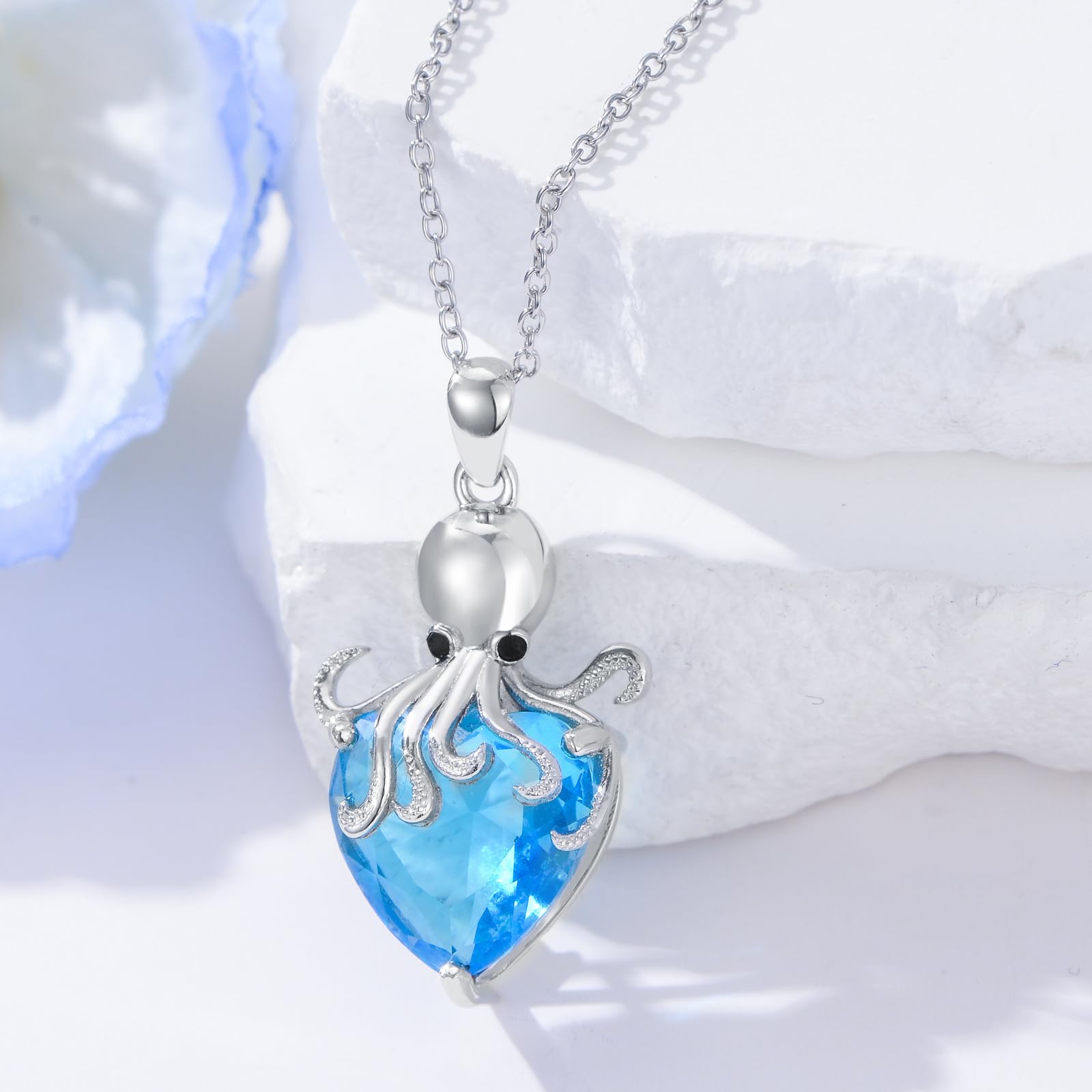LONAGO Collar de Pulpo Plata de Ley 925 Pulpo Marino con Piedra de Nacimiento Collar con Colgante para Mujer