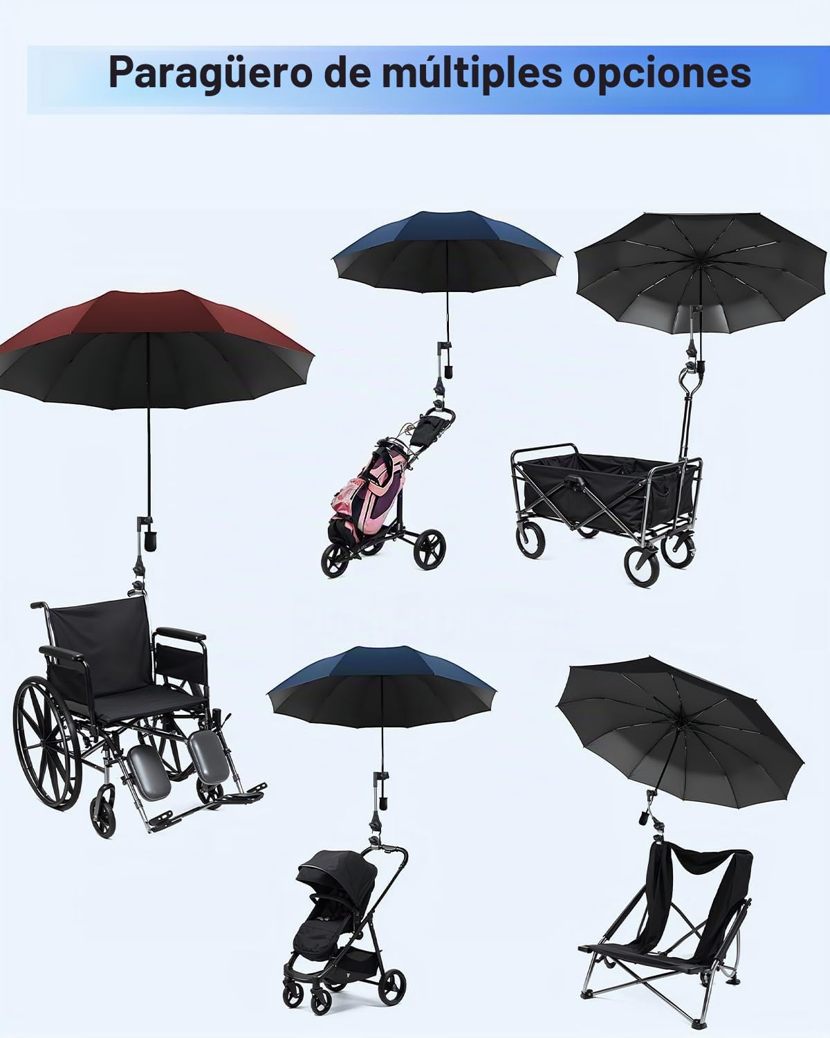 Soporte de paragua ajustable para andador, cochecito, scooter, accesorio universal para sombrilla, silla de playa y camping, bicicleta, silla de ruedas
