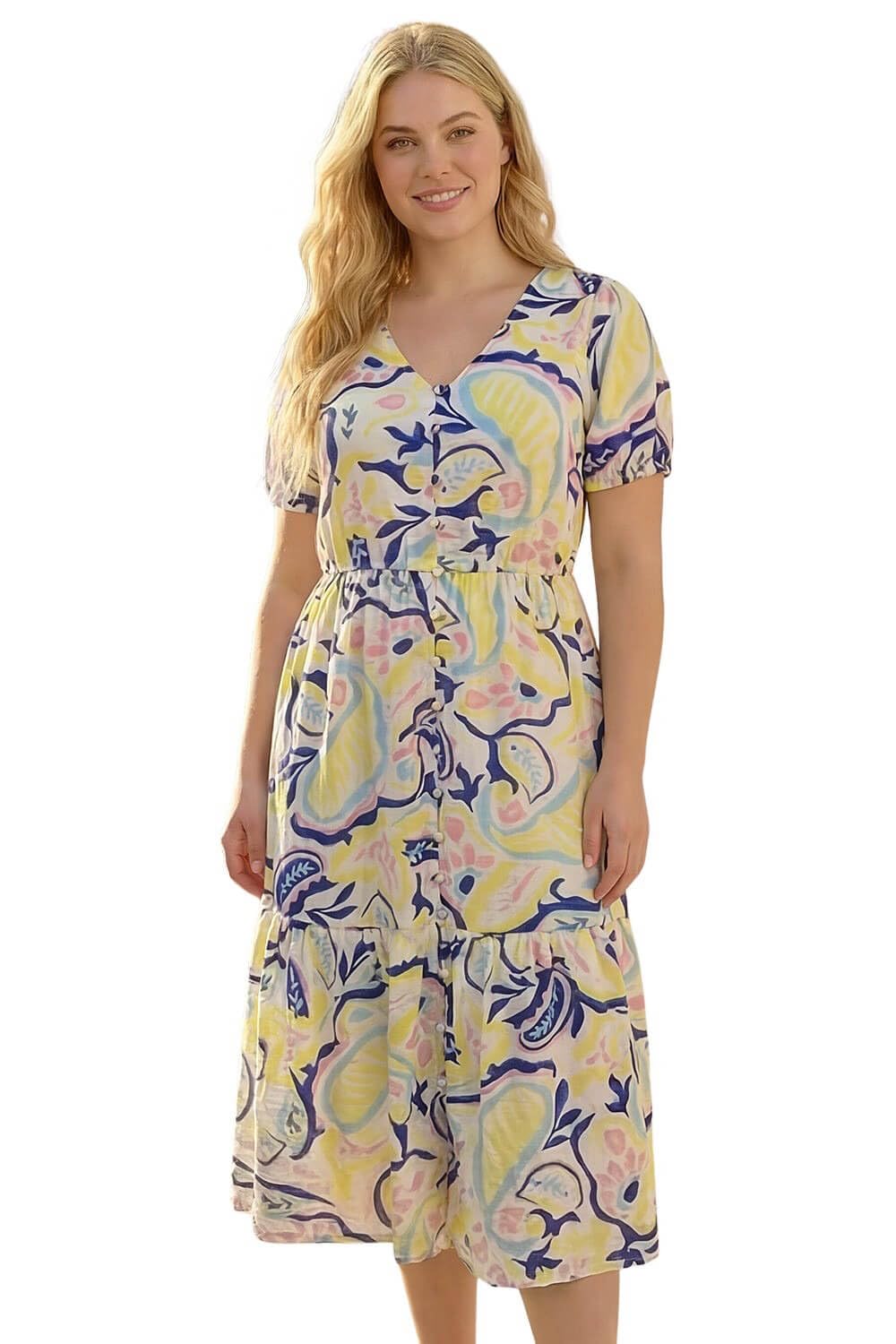 Roman Curve Women's Yellow Abstract Print Button Dress Size 16