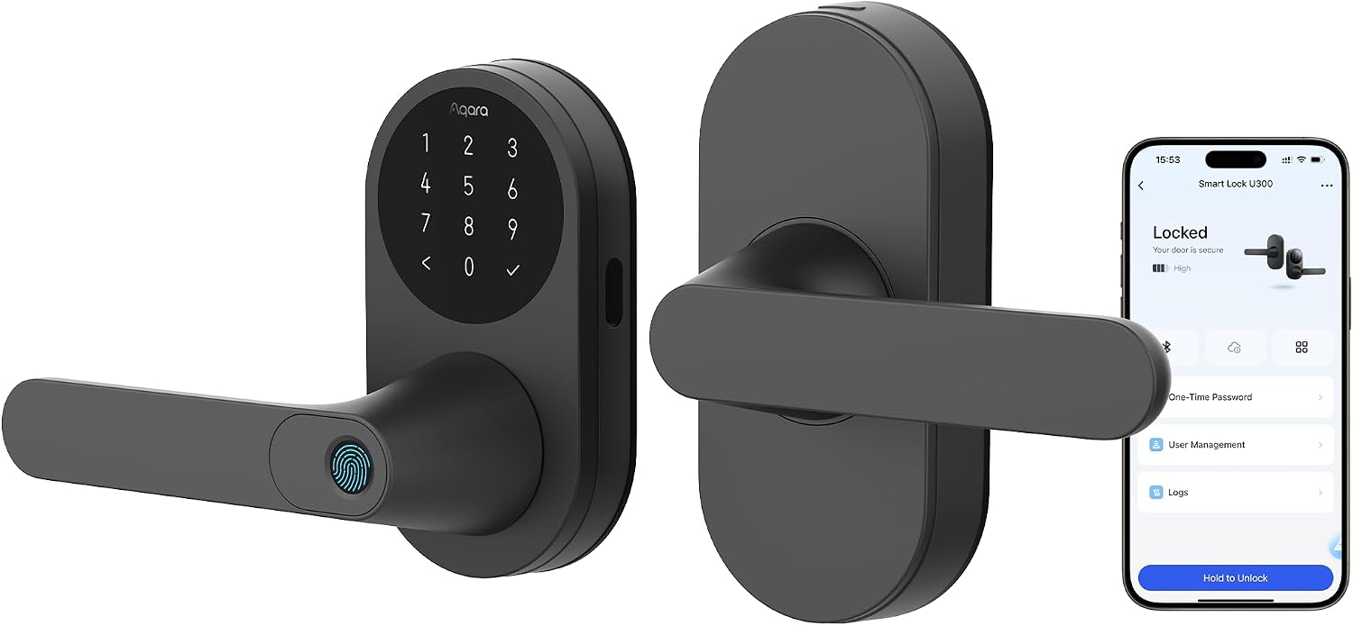 Smart Lock with Handle U300, Apple Home Key, Smart Lever Lock, Black | Matter Over Thread, Fingerprint Keyless Entry Door Lock, Touchscreen Keypad, Supports HomeKit, Alexa, Google