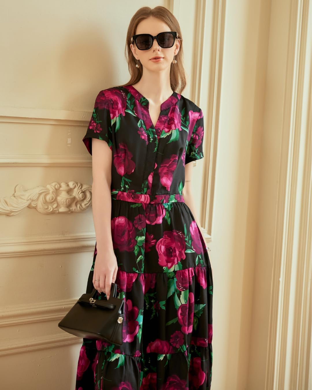 SIXDO G-Black Floral Silk Flared for Women, Graceful and Lightweight for Romantic Spring and Summer Days Dress - Image 7