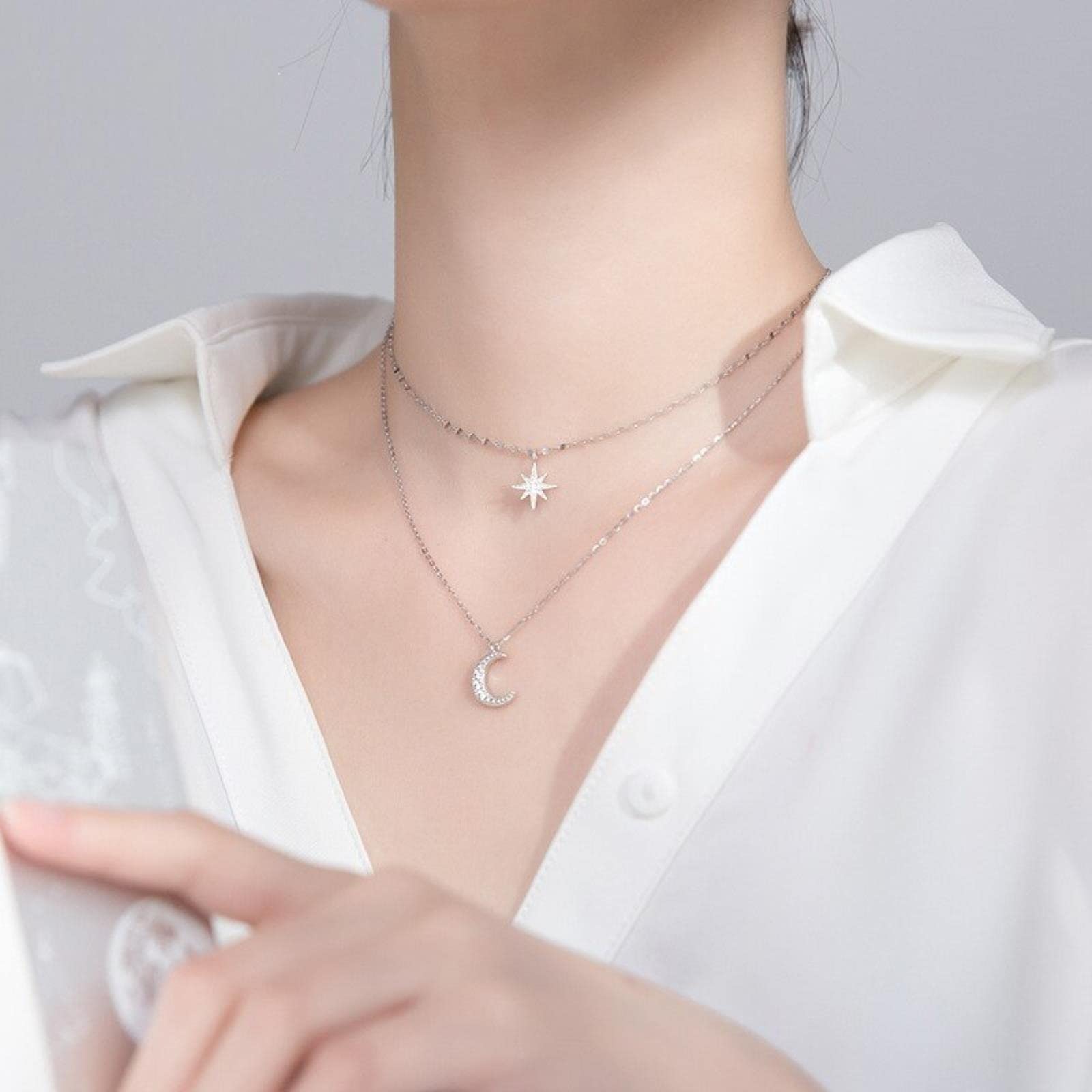 Collar con Colgante De Luna Y Estrella Apilable De Circón Brillante De Plata De Ley 925 para Mujer, Joyería Fina para Fiesta De Boda