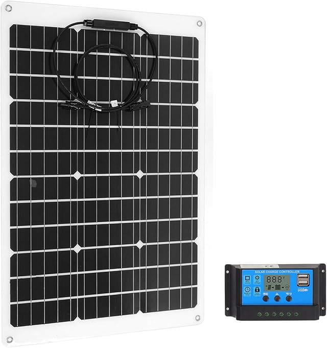 Aramox Kit Pannello Solare Flessibile, Set Pannello Solare Controller PET Monocristallino 70W 20V 4A con Diodo di Blocco Controller 40A per Tenda Cabina Barca Batteria 12V