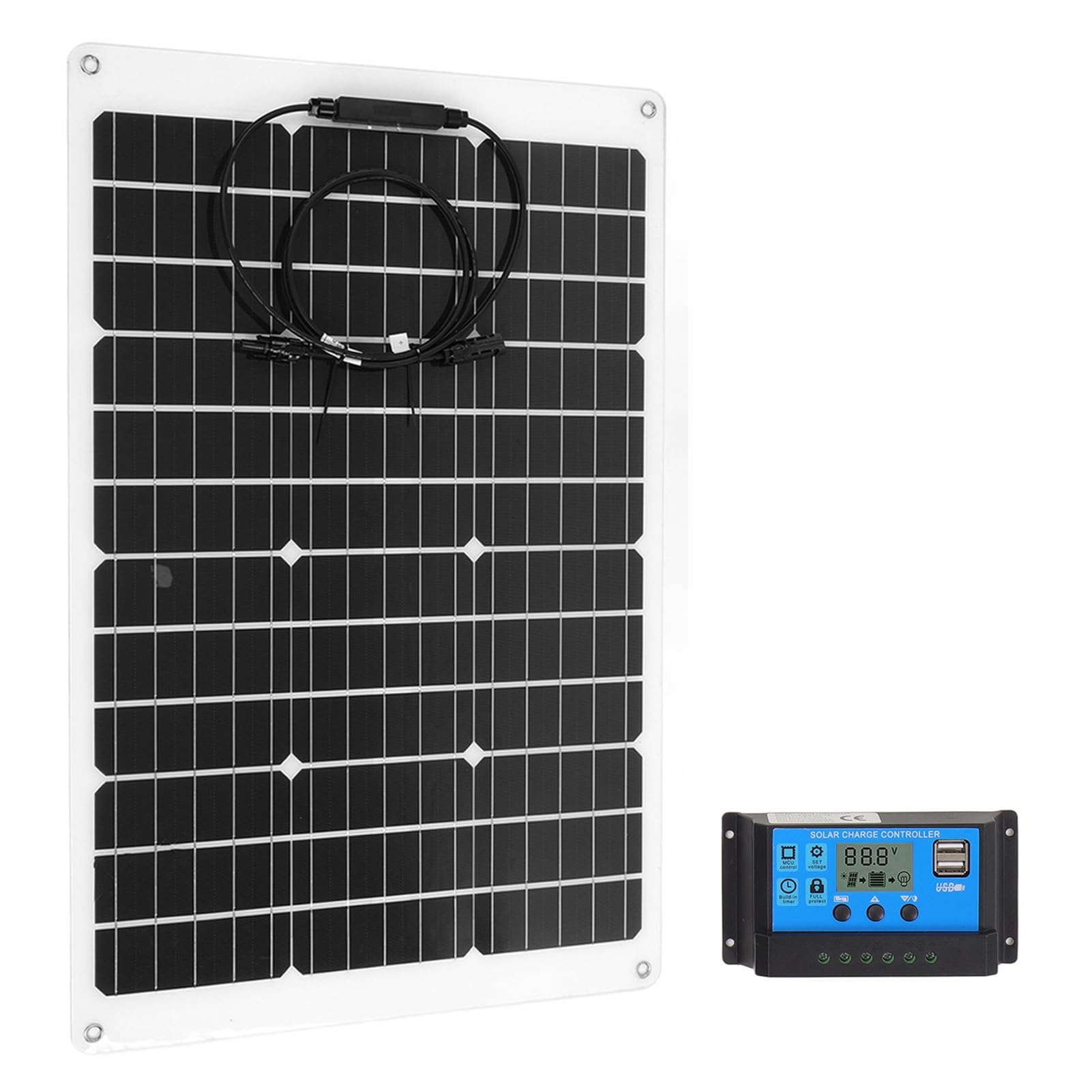 Aramox Kit Pannello Solare Flessibile, Set Pannello Solare Controller PET Monocristallino 70W 20V 4A con Diodo di Blocco Controller 40A per Tenda Cabina Barca Batteria 12V