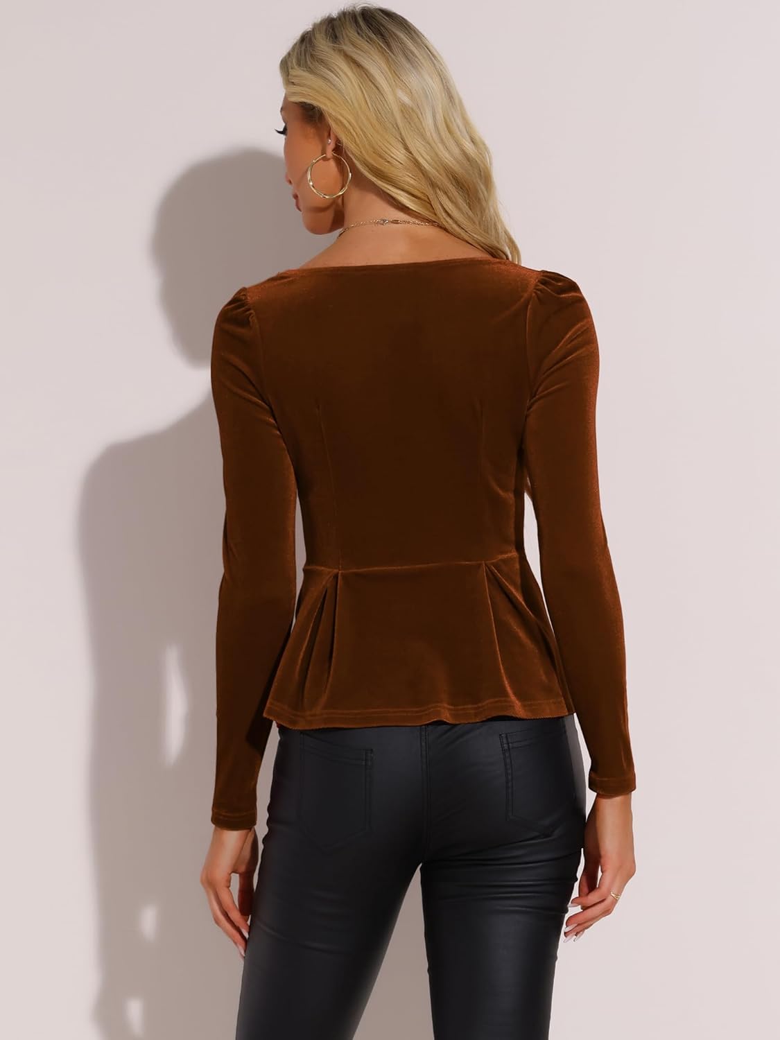 Allegra K Velvet Blouse for Women's Elegant Sweetheart Neck Long Sleeve Peplum Top