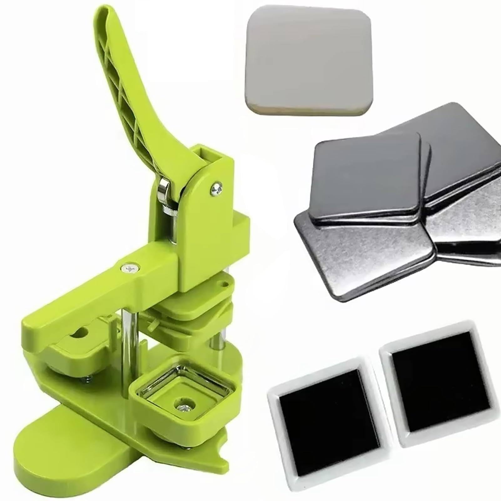Przyrząd do przypinania, DIY kwadratowy magnes na lodówkę odznaka przycisk, 50 x 50 mm prasa do lodówki obrotowa ręczna robota, maszyna do prasowania przycisków z 100 zestawami kwadratowych magnesów