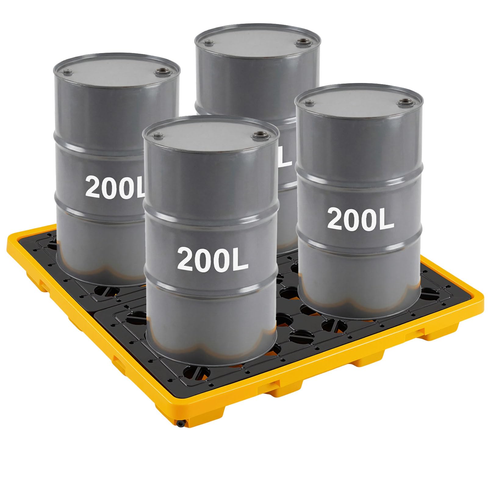 VEVOR Palette de Rétention pour 4 Fûts, Bac de Rétention avec Caillebotis et Drain, Plateforme de Déversement en PEHD à Profil Bas, Capacité 117,4 L, Charge Maximale 4000 kg, 1305x1280x150 mm, Jaune