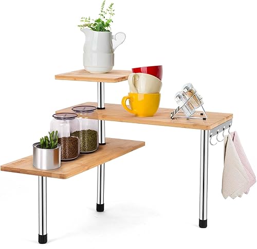 HYNAWIN Estante esquinero de 3 niveles de bambú y metal para almacenamiento de especias, estantería de escritorio, estantes de exhibición,