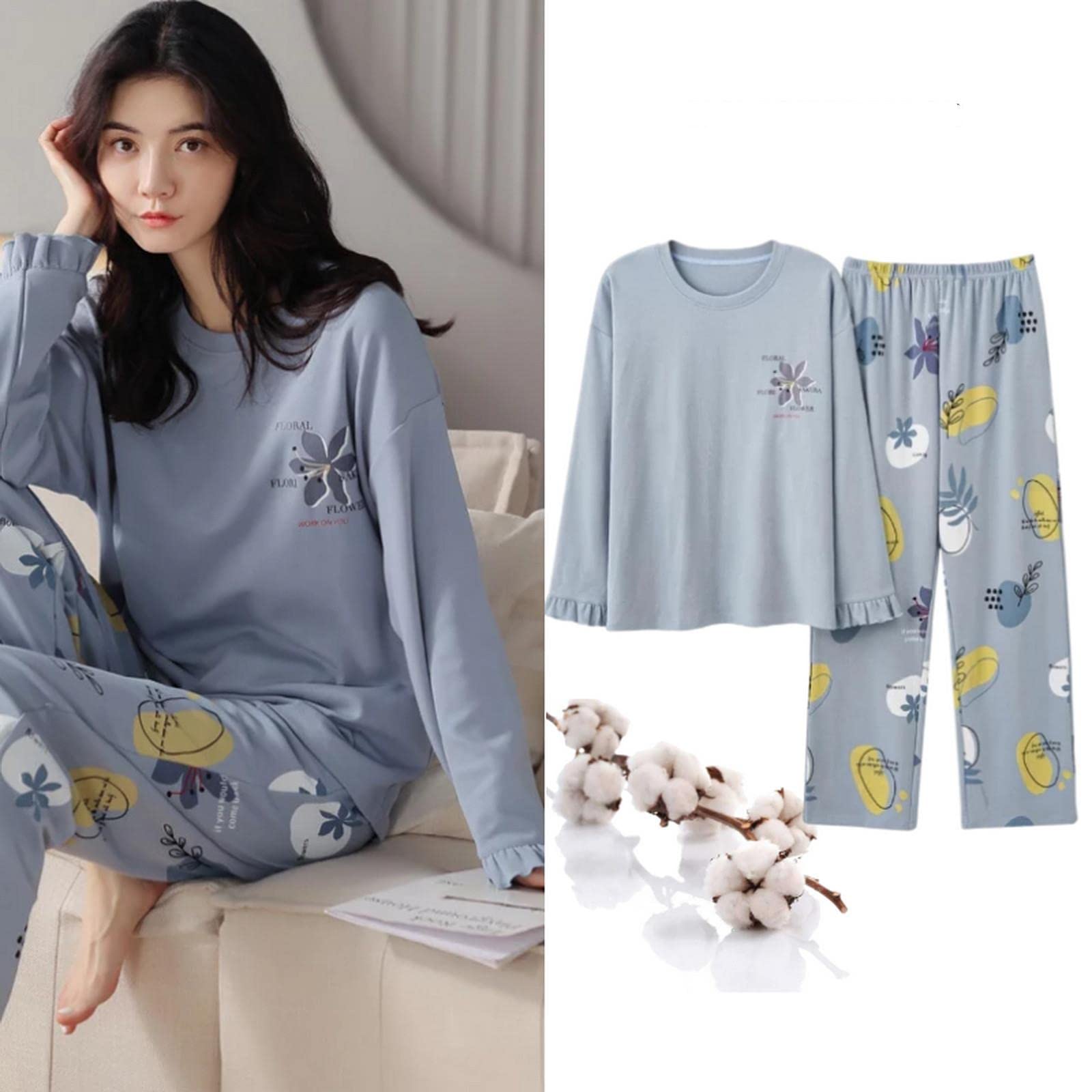 MOGSA Pijama de algodón para mujer, conjunto de pijama con estampado de lunares, ropa de dormir para parejas, ropa de dormir para el hogar