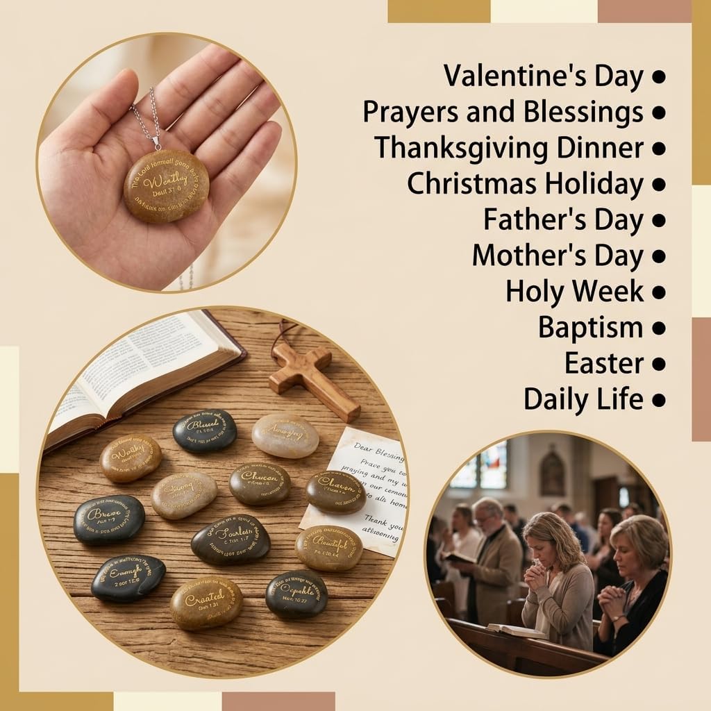 Inspirational Scripture Stones: 12PC Engraved Christian Prayer Rocks with Bible Verses, Natural Polished River Stones for Meditation, Religious Gifts, Bible Study, Office Decor