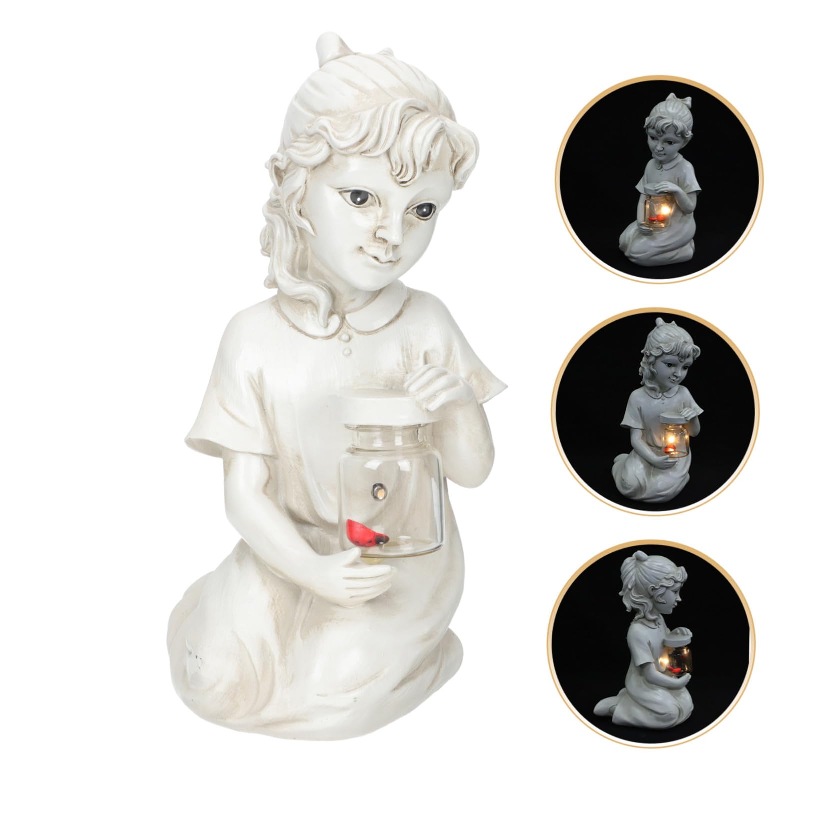 Solar-powered Resin Kid Sculpture Outdoor Garden Ornament with Decorative Lighting Weather-resistant Child Statue for And Flowerbed Décor