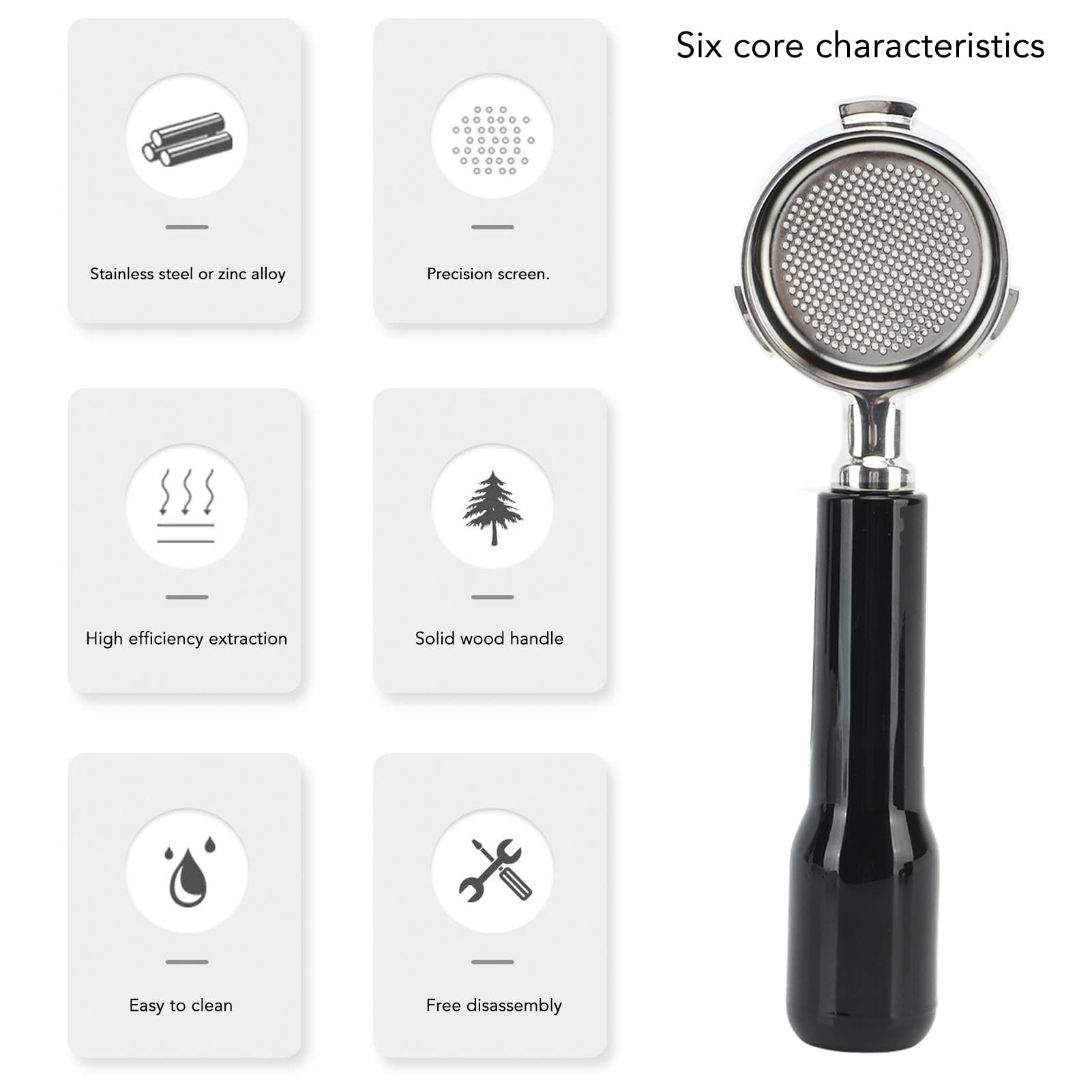 Portafiltro de café sin fondo de 51 mm, portafiltro de una sola capa de tres orejas, filtro sin fondo de acero inoxidable para cafetera (Black)
