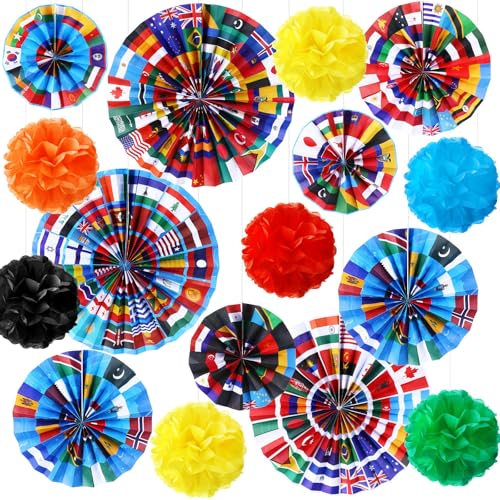 Banderas internacionales Outus en set tridimensional con pompones y abanicos