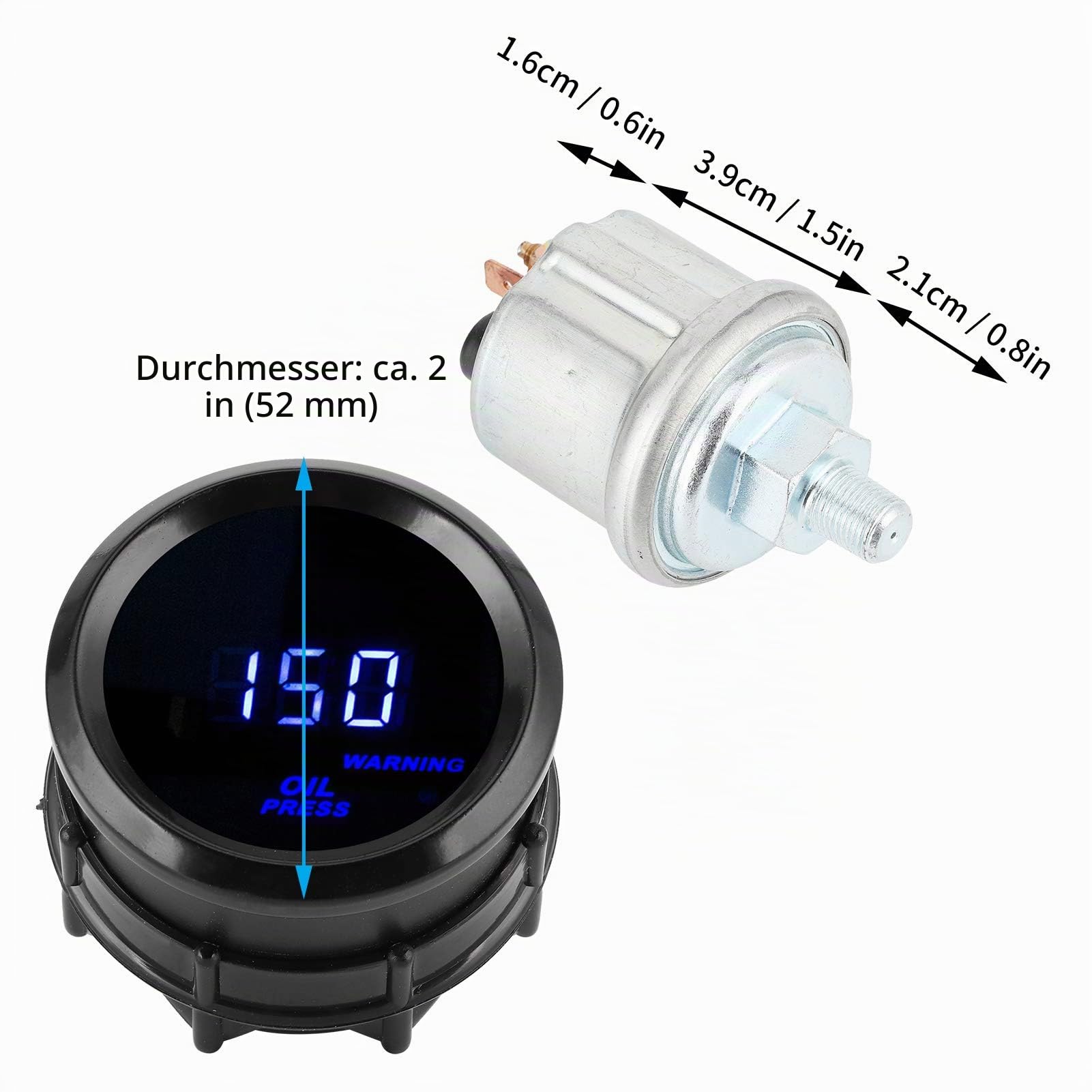 Digitales Öldruckmessgerät Auto-Manometer 2 Zoll (52mm) 0-150 PSI, Blaue LED-Anzeige, 12V mit Sensor, Schwarz, Hochpräzise