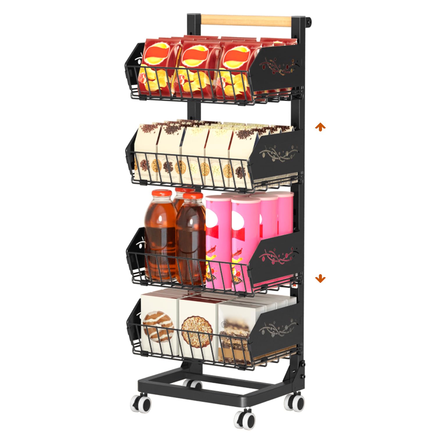 Carrito de almacenamiento de cocina de 4 niveles con ruedas, mejorado más ancho y grueso, carrito de almacenamiento multiusos para despensa y cuarto de servicio (incluye 6 ganchos laterales)