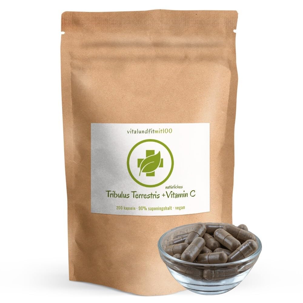 Tribulus Terrestris hochdoisert – 200 vegane Kapseln – mit Vitamin C – Natürlicher Extrakt standardisiert auf 90% Saponine – ohne unnötige Zusätze