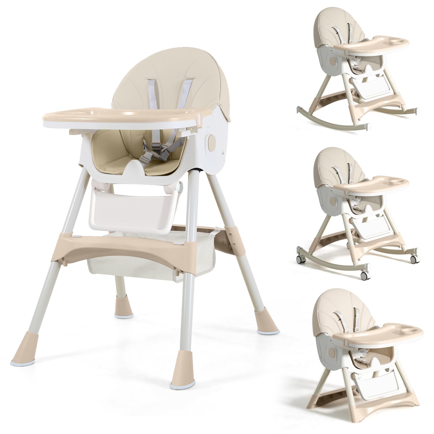 4 in1 Foldable Baby High Chair with Removable Tray, Safety Belt, Footrest and Wheels, Convertible Toddler High Chair, Beige