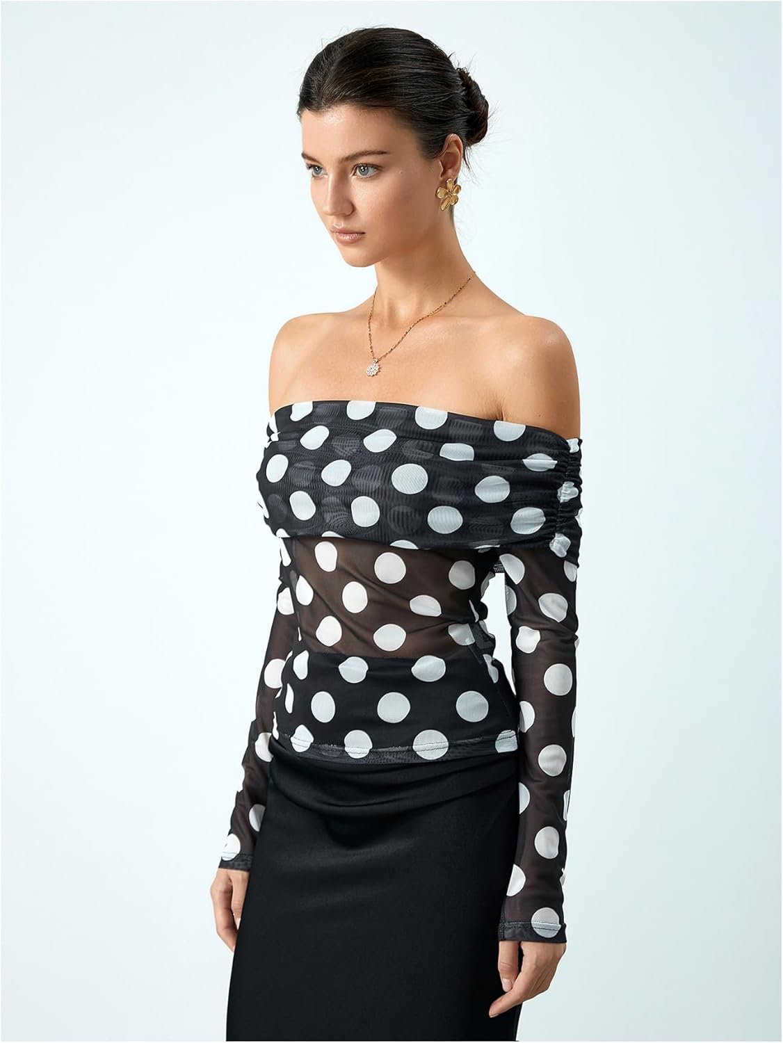 MakeMeChic Women's Polka Dots Top Mesh Off The Shoulder Blouses Ruched Long Sleeve Blouse Top - Image 3