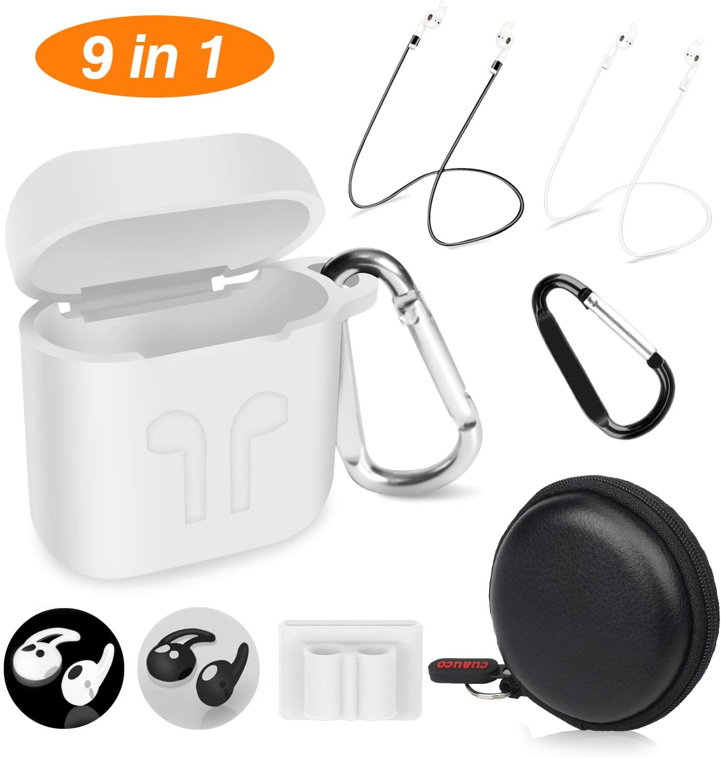 Cuauco 2019 Newest Case Cover for Apple Airpods 2 and 1(Front LED Visible) with 2 Strap/2 Pair of Ear Hooks/2 Carabiner/1 Watch Band Holder/1 Headphone Case for Apple Airpods 2 and 1 (9 Pack)(White)