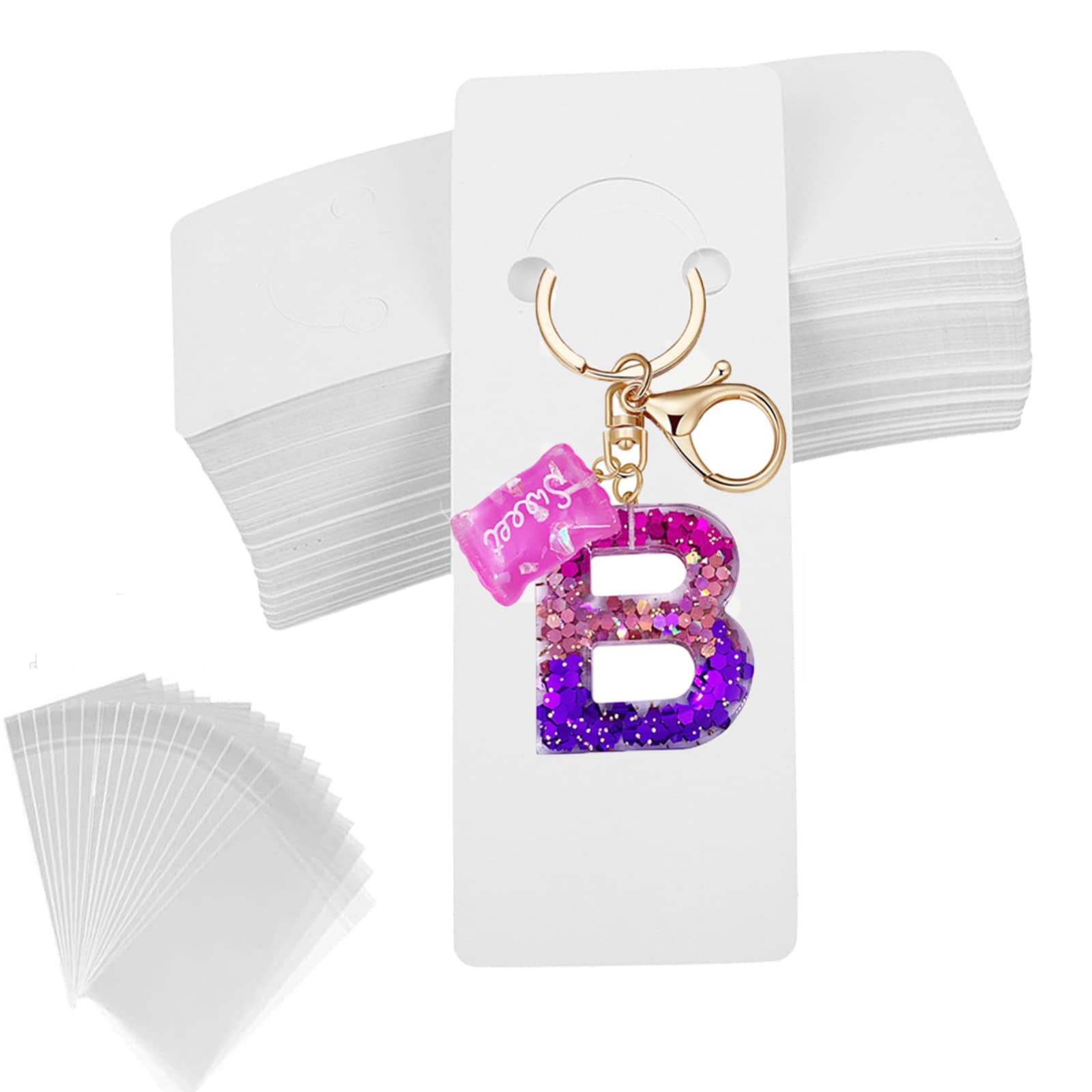JoBom 120 Pcs Keychain Display Card with 120 Pcs Self-Sealing Bags, Keychain Packaging Keyring Jewelry Holder Display, White, 5.9 x 2 (JoB23489)