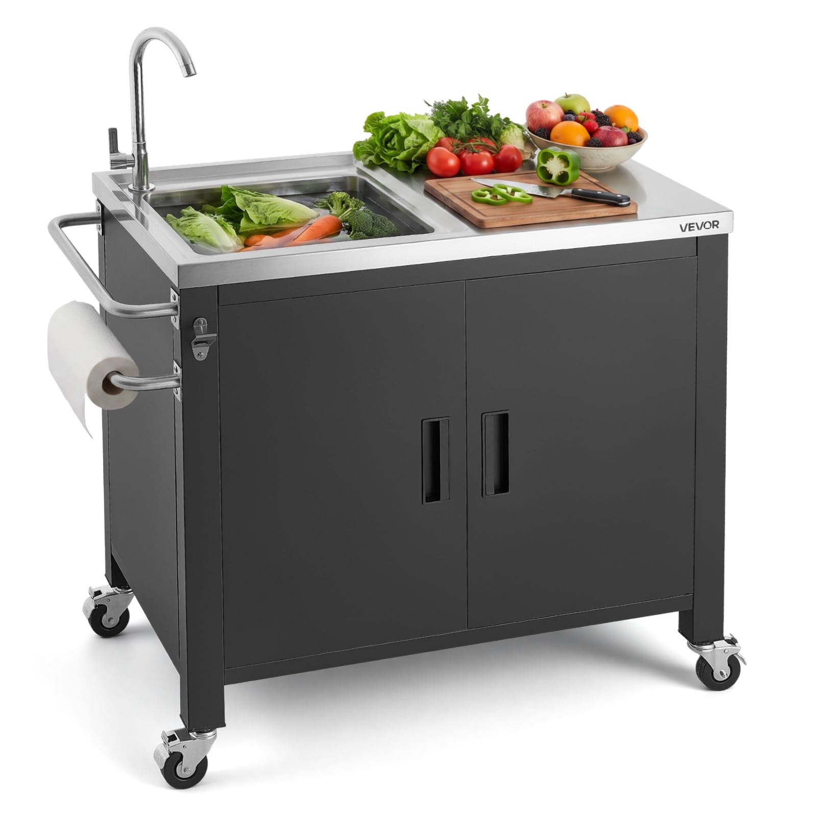 VEVOR Mesa de Barbacoa 965 x 460 x 909 mm Tablero de Acero Inoxidable, Carrito de Cocina con Fregadero, con Ruedas, con Armario de Almacenamiento, con Toallero, para Jardín, Bar, Zona de Barbacoa