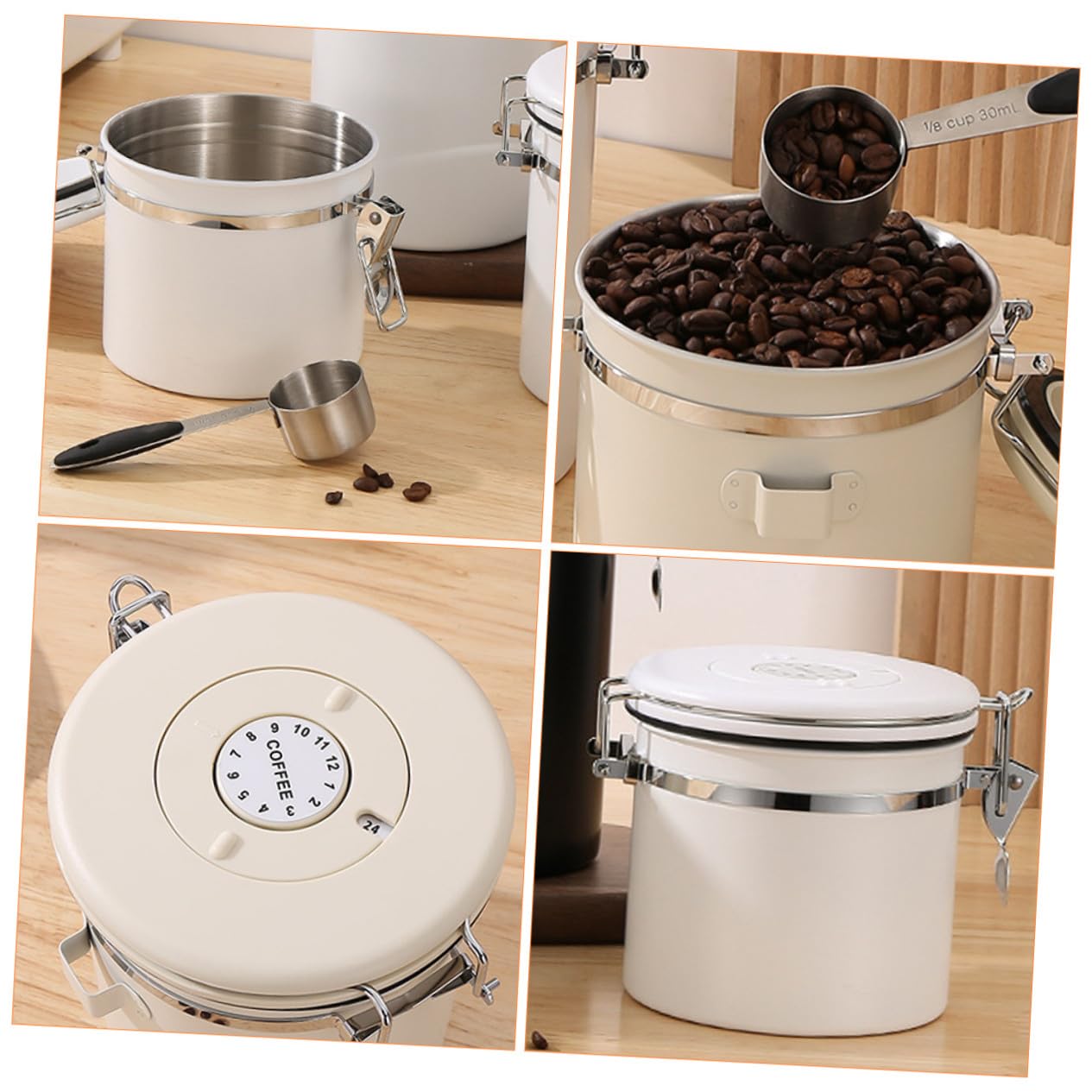 Bote de Café en Grano 1, 2l de Acero Inoxidable Beige, 1 Juego