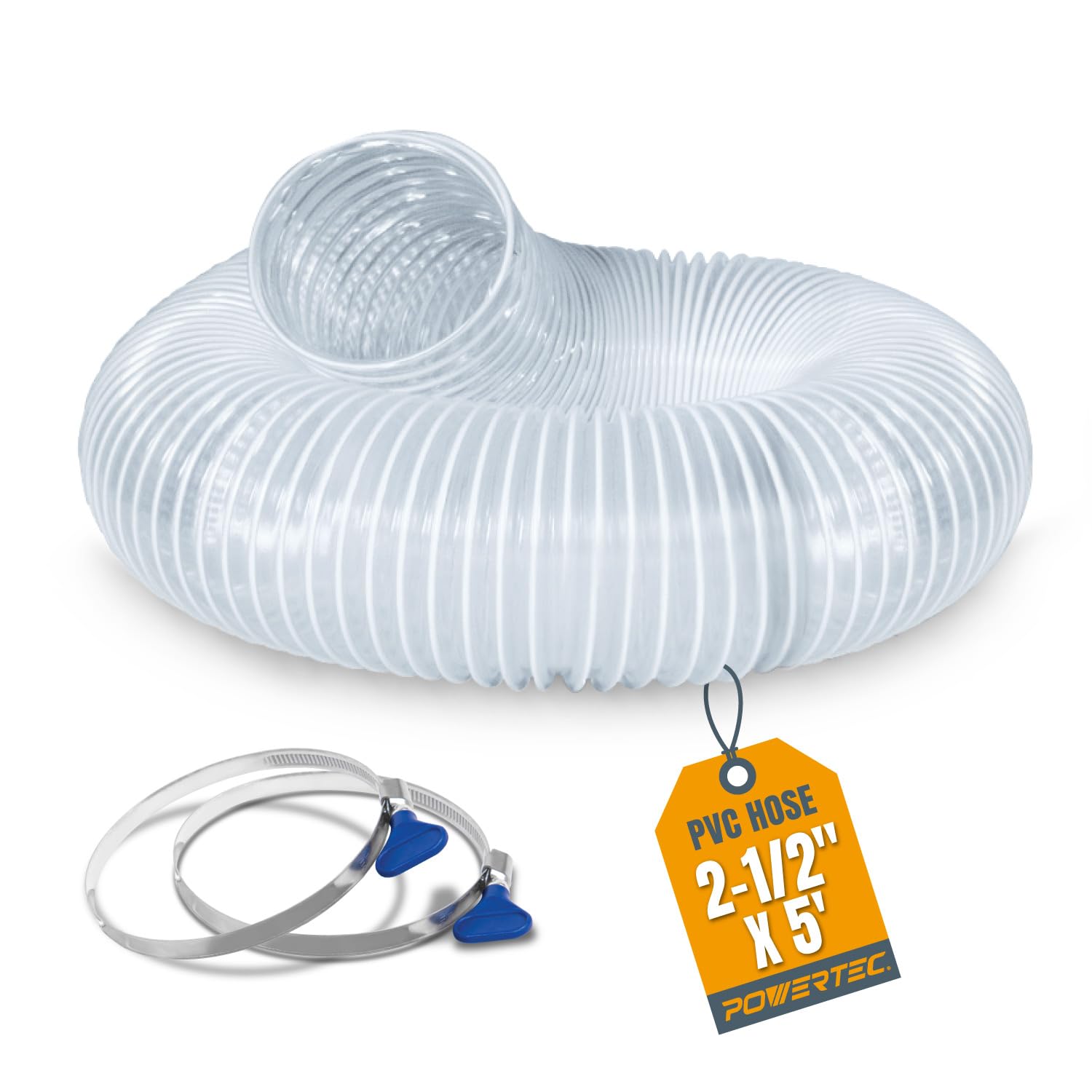 POWERTEC 2-1/2" x 5' PVC Dust Collection Hose with 2pcs Stainless Steel Key Hose Clamps for Table Saw, Band Saw, Router Table, Belt Sander, Woodworking and Wood Shop Dust Collection System (70391)