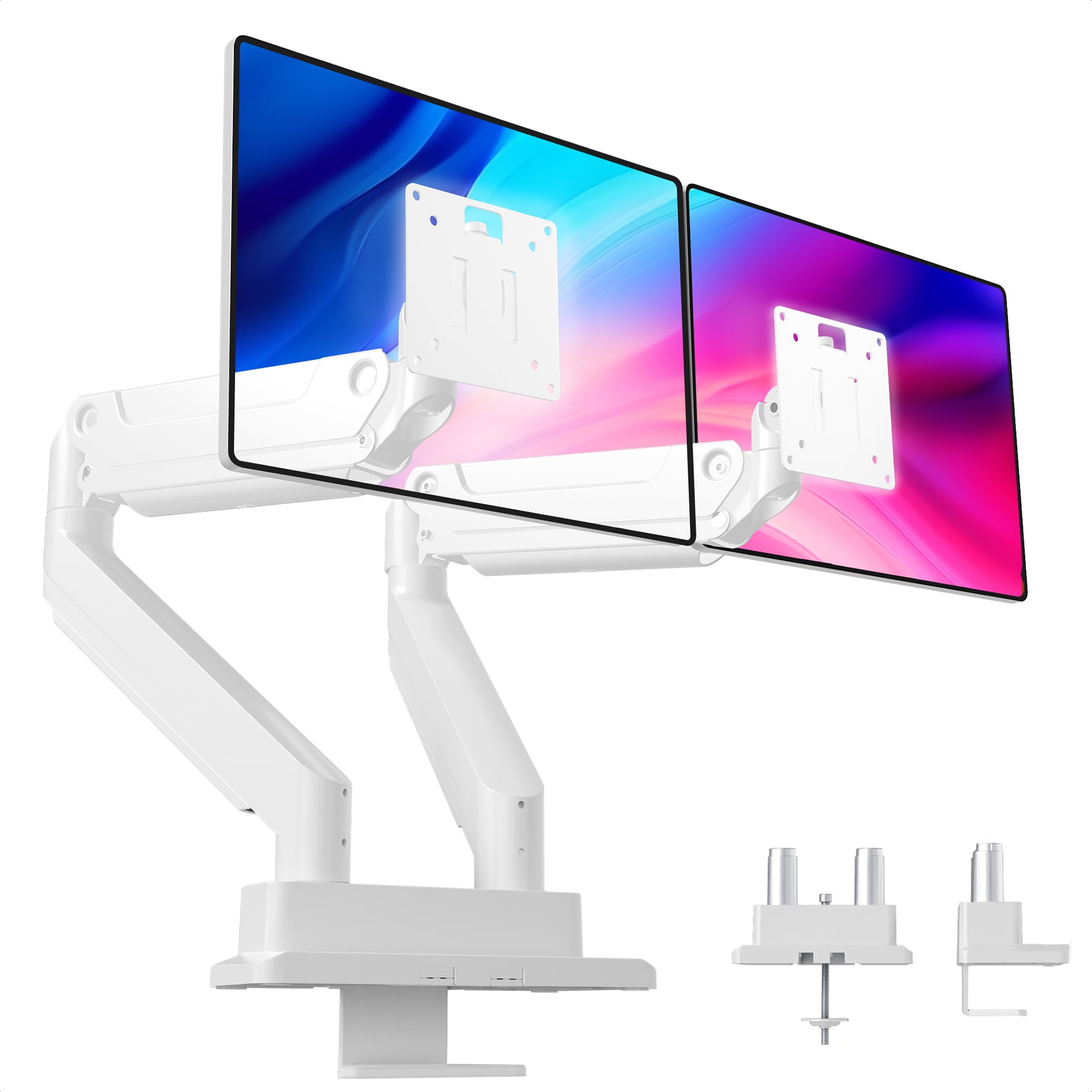 Claiks Monitor Halterung 2 Monitore für bis 17-49 Zoll Curved und Flach, Dual Monitor Halterung Höhenverstellbar Neigbar Schwenkbar Drehungbar,VESA 75x75/100x100 mm,Hält 1~20 kg,Weiß