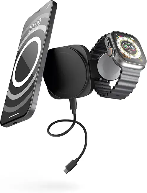 Zens Travel Wireless Charger Pro 2, MagSafe und Qi2-kompatibles Kabelloses Ladegerät 15 W für iPhone Air,17, 16,15,14,13,12, Apple Watch, AirPods, inkl. integriertem, 1 m langem USB-C-Kabel, Schwarz