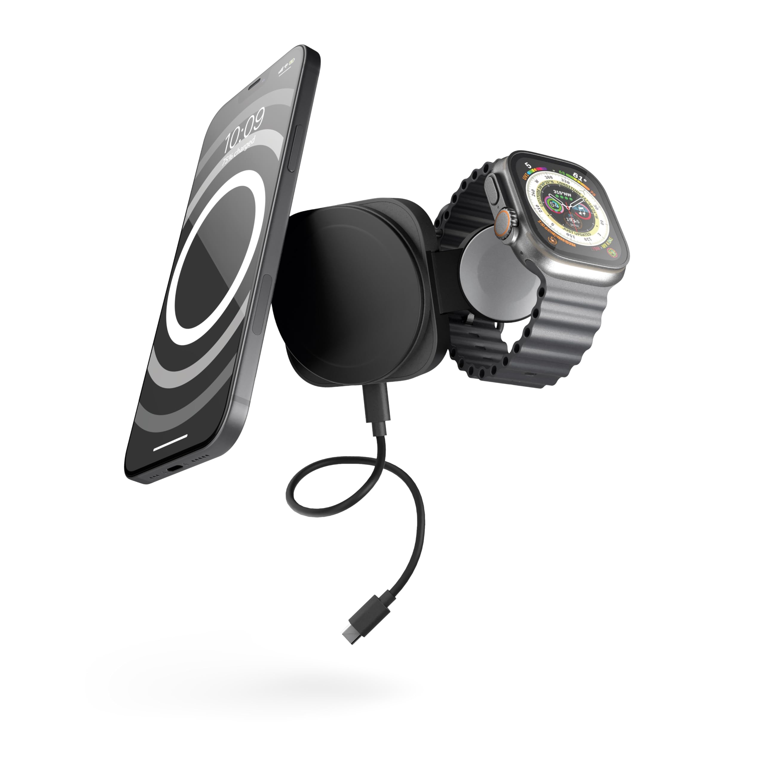 Zens Travel Wireless Charger Pro 2, MagSafe und Qi2-kompatibles Kabelloses Ladegerät 15 W für iPhone Air,17, 16,15,14,13,12, Apple Watch, AirPods, inkl. integriertem, 1 m langem USB-C-Kabel, Schwarz