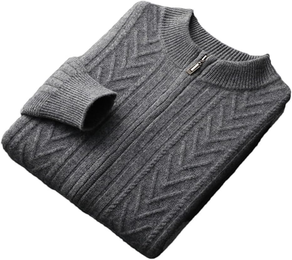 Men's Autumn Winter 100% Cashmere Knitted Sweater Coat Loose Long Sleeve Stand Neck Zipper Cardigan