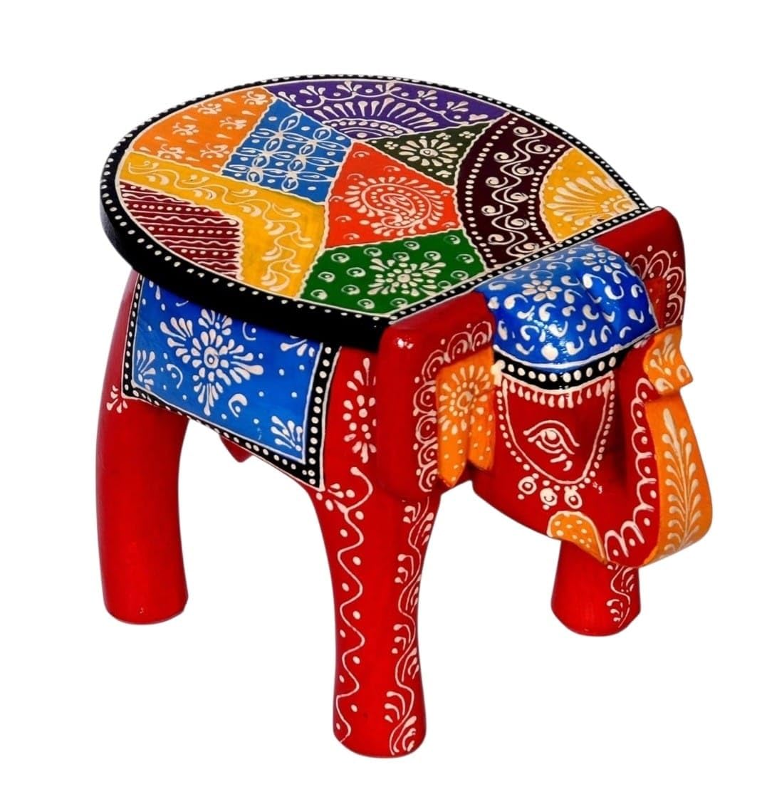 Handcrafted Wooden Elephant Stool 8 Inch Red Hand Painted Decorative Chowki Traditional Indian Handicraft Multipurpose Small Side Table Plant Stand Foot Stool Home Decor-image-27