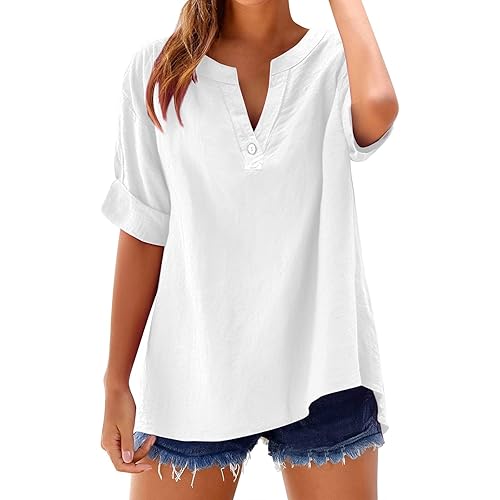 Womens Cotton Linen Button Down Shirt 2025 Spring Casual Long Sleeve Solid Color Shirts Loose Work Tops