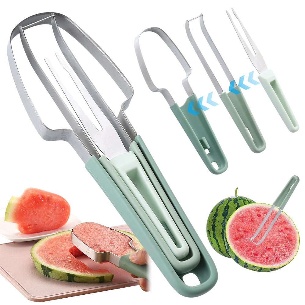 HOVCEH Watermelon Cutter, 3-in-1 Stainless Steel Fruit Slicer, Melon Cutter Stainless Steel, Watermelon Fork Cutting Tool, Fork Cutter, Fruit Cutter for Cantaloupe, Dragon Fruit, Papaya