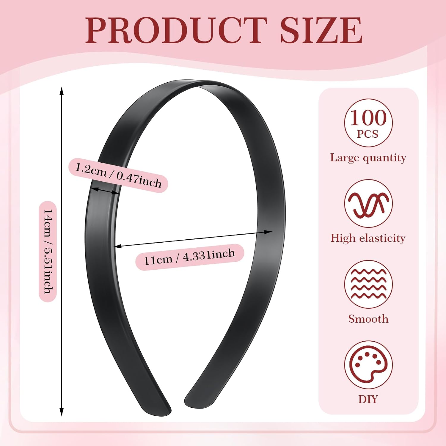 Hotop 100 Pcs Plastic Headbands Bulk for Women DIY Craft 1 Inch Wide No Teeth Plain Headbands for Crafts Women Girls DIY Hair Band Accessories Graduation(1/2 Inch Wide,Black)