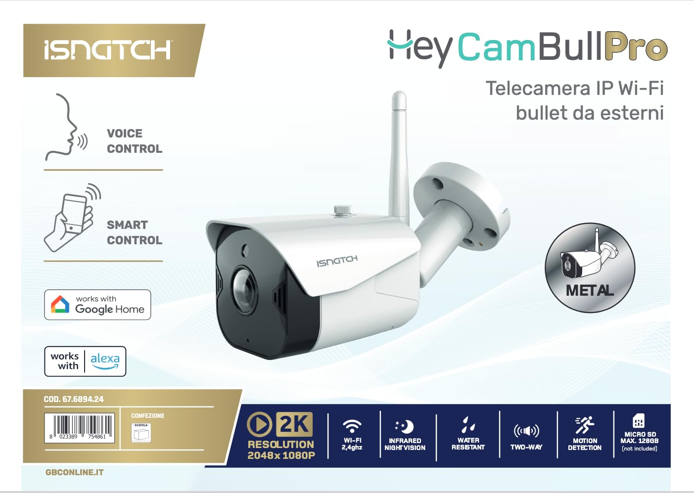 HeyCam Bull - Telecamera IP Wi-Fi da Esterni/Interni 1080p, Risoluzione HD 2MP, Protezione IP65, Visione Notturna, Audio Bidirezionale, Compatibile con Alexa e Google Assistant