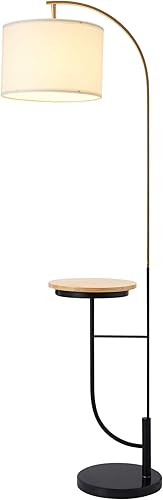 Teamson Home Lámpara de pie de arco LED a base de mármol real con mesa auxiliar de noche de madera y puerto de carga USB integrado para sala de