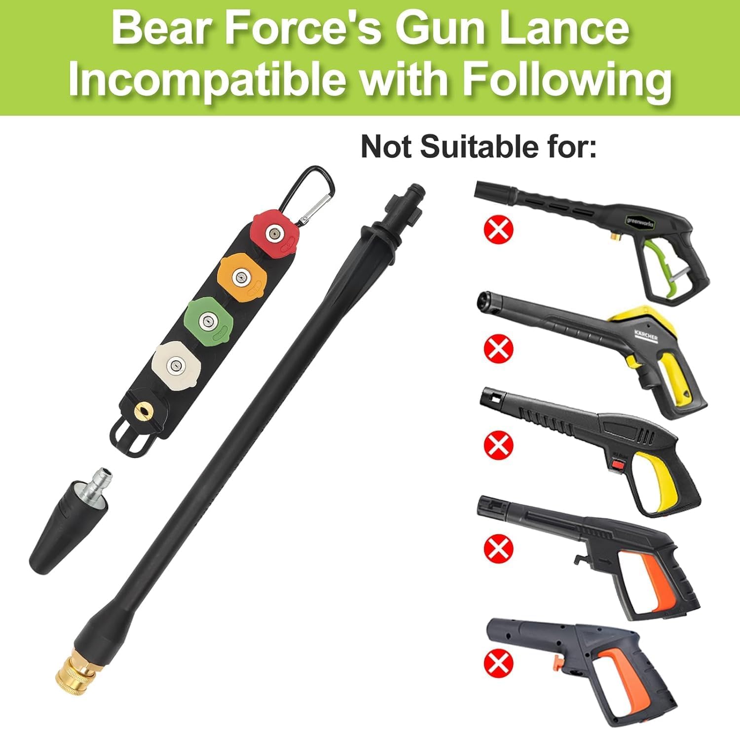 BEAR FORCE Pressure Washer Replacement Spray Wand & Turbo Nozzle and 5 Tips, Compatible with Some of Ryobi, Greenworks, Craftsman, Kar-Cher, SunJoe, B&D, Westinghouse, LWQ Electric Pressure Washer