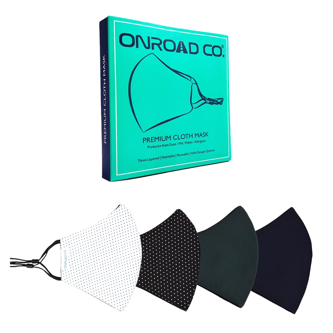 Onroad Co. Cotton Reusable and Washable 3 Layered Cloth Mask (Pack of 4, Medium (Ideal for 30-60 kg weight range)) for Unisex, Without Valve