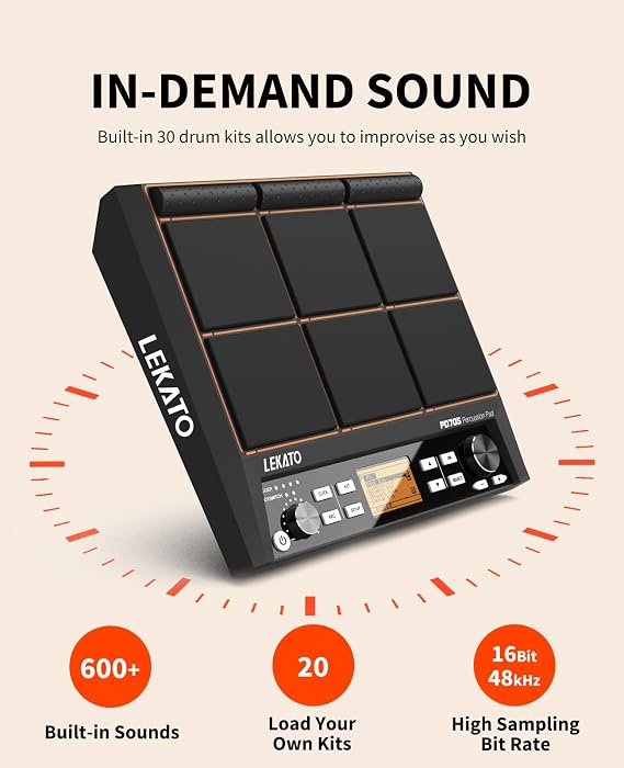 LEKATO Percussion Sample Pad, Electric Drum Pad with 9 Velocity-Sensitive Drum Pad, Electronic Drum Set Pad Multipad with MIDI out, USB MIDI, AUX, Looper, Trigger inputs, 592+ Sounds (PD705)
