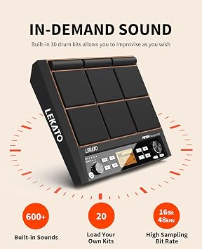 LEKATO Percussion Sample Pad, Electric Drum Pad with 9 Velocity-Sensitive Drum Pad, Electronic Drum Set Pad Multipad with MIDI out, USB MIDI, AUX, Looper, Trigger inputs, 592+ Sounds (PD705)