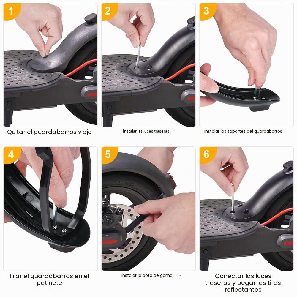Ainiv Juego de Guardabarros Trasero Patinete con Soporte, Luz LED y Tira Reflectante