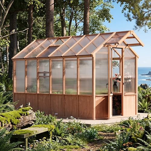 Image of Modern Shade EverBloom 6.5'x12' Wooden Greenhouse, 8' Extra-Tall Cedar Wood Greenhouse with Built-in Outdoor Faucet Kit, Heavy Duty Greenhouse with Built-in Shelving, Power Strip & Ventilation System